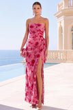 Green Velvet Strapless Ruched Maxi Floral Dress with Slit