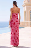 Green Velvet Strapless Ruched Maxi Floral Dress with Slit