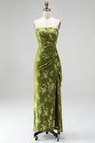 Green Velvet Strapless Ruched Maxi Floral Dress with Slit