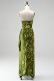 Green Velvet Strapless Ruched Floral Maxi Dress with Slit