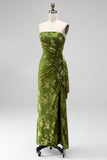 Green Velvet Strapless Ruched Floral Maxi Dress with Slit