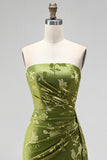 Green Velvet Strapless Ruched Floral Maxi Dress with Slit
