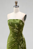 Green Velvet Strapless Ruched Floral Maxi Dress with Slit