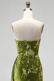 Green Velvet Strapless Ruched Floral Maxi Dress with Slit