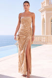 Green Velvet Strapless Ruched Maxi Floral Dress with Slit