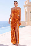 Green Velvet Strapless Ruched Maxi Floral Dress with Slit
