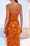 Green Velvet Strapless Ruched Maxi Floral Dress with Slit