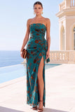Green Velvet Strapless Ruched Maxi Floral Dress with Slit