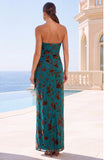 Green Velvet Strapless Ruched Maxi Floral Dress with Slit