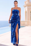 Green Velvet Strapless Ruched Maxi Floral Dress with Slit