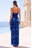 Green Velvet Strapless Ruched Maxi Floral Dress with Slit