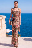 Mermaid Green Velvet Halter Neck Ruched Maxi Floral Dress