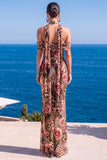 Mermaid Green Velvet Halter Neck Ruched Maxi Floral Dress