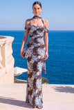 Mermaid Green Velvet Halter Neck Ruched Maxi Floral Dress