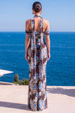 Mermaid Green Velvet Halter Neck Ruched Maxi Floral Dress