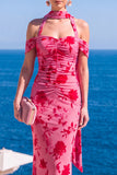 Mermaid Green Velvet Halter Neck Ruched Maxi Floral Dress
