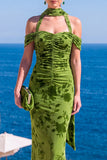 Mermaid Green Velvet Halter Neck Ruched Maxi Floral Dress