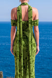 Mermaid Green Velvet Halter Neck Ruched Maxi Floral Dress