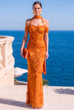 Mermaid Green Velvet Halter Neck Ruched Maxi Floral Dress