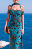 Mermaid Green Velvet Halter Neck Ruched Maxi Floral Dress