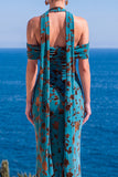 Mermaid Green Velvet Halter Neck Ruched Maxi Floral Dress