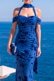 Mermaid Green Velvet Halter Neck Ruched Maxi Floral Dress
