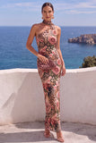 One Shoulder Mermaid Orange Maxi Floral Dress