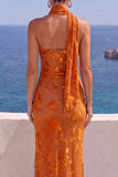 One Shoulder Mermaid Orange Maxi Floral Dress