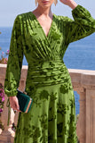 Green A-Line Velvet V-Neck Asymmetrical Ruched Midi Floral Dress with Long Sleeves