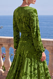Green A-Line Velvet V-Neck Asymmetrical Ruched Midi Floral Dress with Long Sleeves