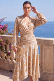 Green A-Line Velvet V-Neck Asymmetrical Ruched Midi Floral Dress with Long Sleeves