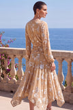 Green A-Line Velvet V-Neck Asymmetrical Ruched Midi Floral Dress with Long Sleeves