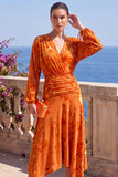 Green A-Line Velvet V-Neck Asymmetrical Ruched Midi Floral Dress with Long Sleeves