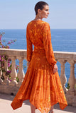 Green A-Line Velvet V-Neck Asymmetrical Ruched Midi Floral Dress with Long Sleeves