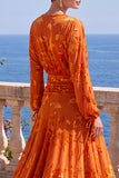 Green A-Line Velvet V-Neck Asymmetrical Ruched Midi Floral Dress with Long Sleeves