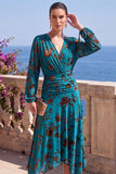Green A-Line Velvet V-Neck Asymmetrical Ruched Midi Floral Dress with Long Sleeves