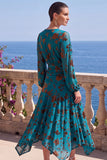 Green A-Line Velvet V-Neck Asymmetrical Ruched Midi Floral Dress with Long Sleeves
