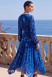 Green A-Line Velvet V-Neck Asymmetrical Ruched Midi Floral Dress with Long Sleeves