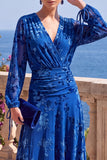 Green A-Line Velvet V-Neck Asymmetrical Ruched Midi Floral Dress with Long Sleeves