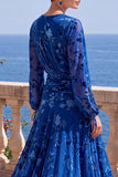 Green A-Line Velvet V-Neck Asymmetrical Ruched Midi Floral Dress with Long Sleeves