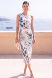 Blue Flower One Shoulder Bodycon Midi Dress