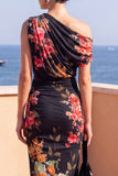 Coffee One Shoulder Bodycon Ruched Midi Floral Dress with Slit