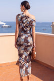 Coffee One Shoulder Bodycon Ruched Midi Floral Dress with Slit