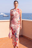 Coffee One Shoulder Bodycon Ruched Midi Floral Dress with Slit