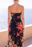 Strapless Coffee A-Line Ruched Chiffon Maxi Floral Dress
