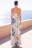 Strapless Coffee A-Line Ruched Chiffon Maxi Floral Dress