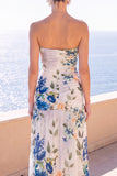 Strapless Coffee A-Line Ruched Chiffon Maxi Floral Dress