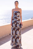 Strapless Coffee A-Line Ruched Chiffon Maxi Floral Dress