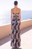 Strapless Coffee A-Line Ruched Chiffon Maxi Floral Dress