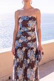Strapless Coffee A-Line Ruched Chiffon Maxi Floral Dress